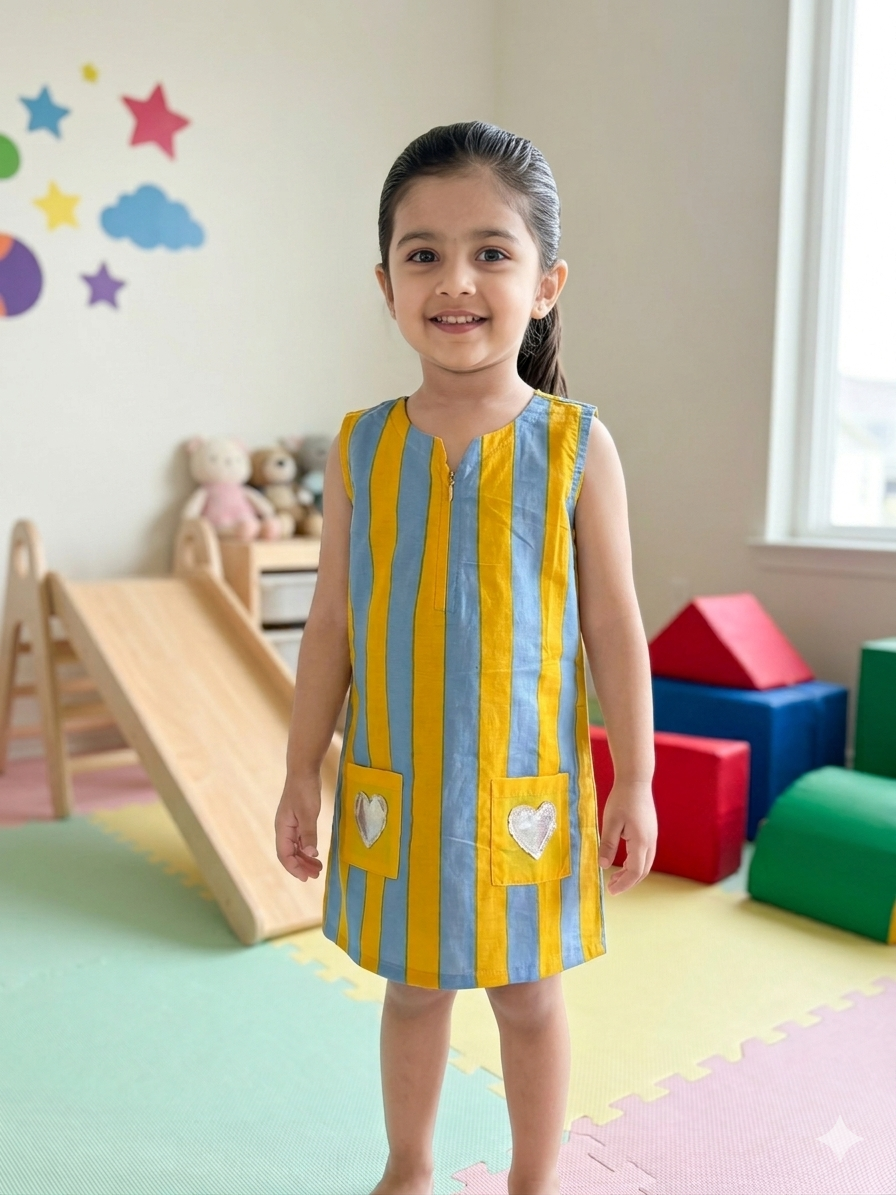 Hearts & Stripes Dress- Yellow/Blue