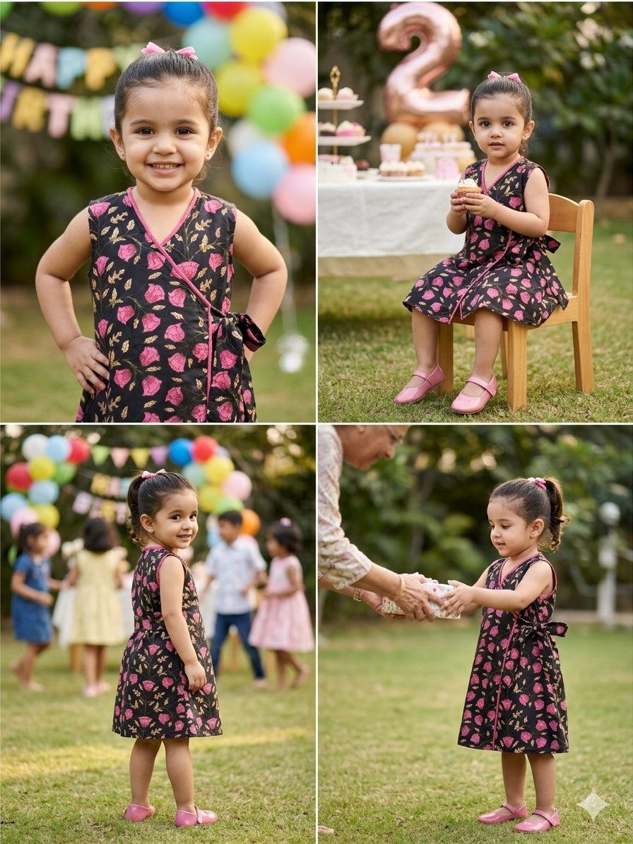 Pink Floral Wrap Dress- Black