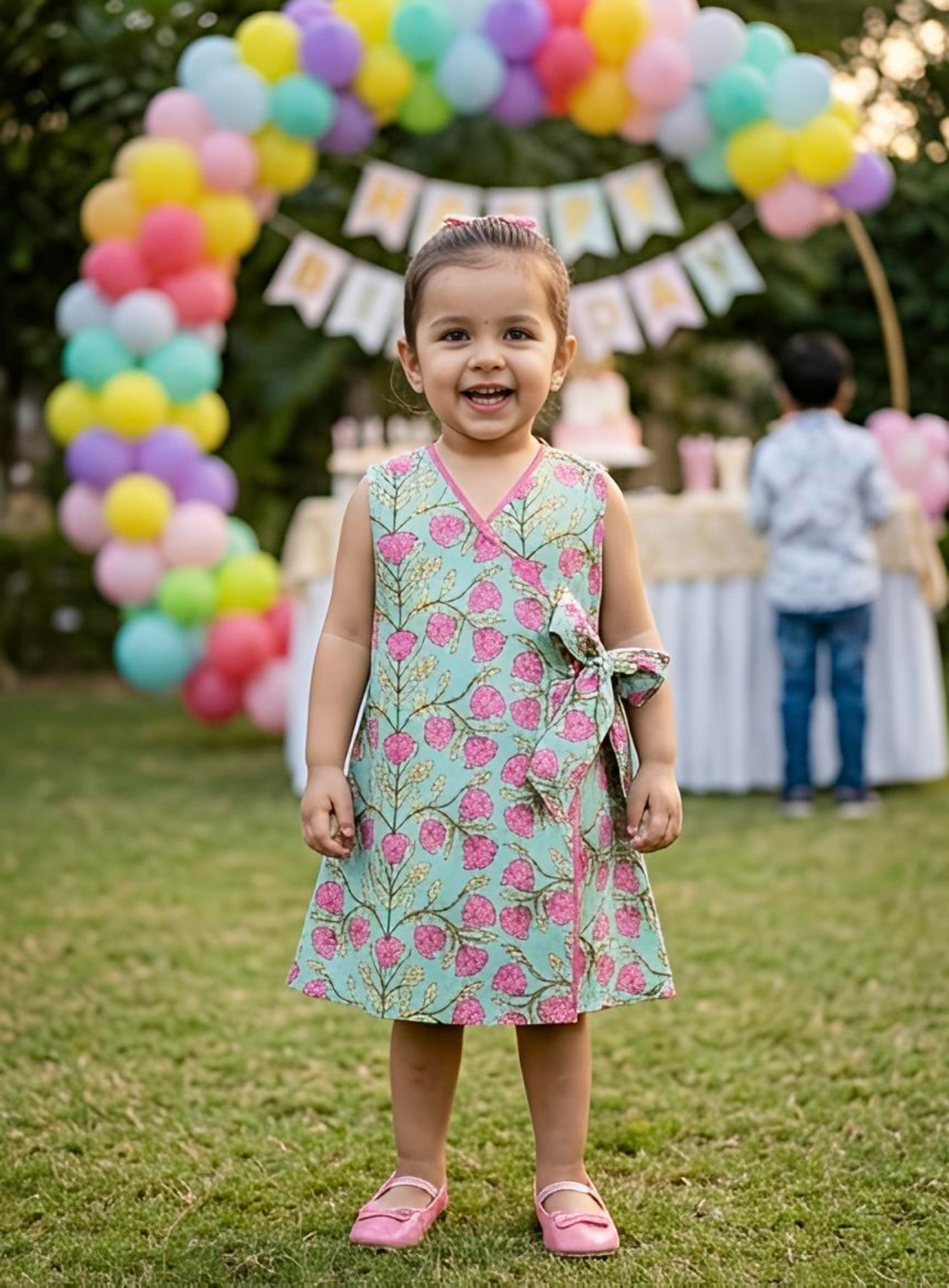 Pink Floral Wrap Dress- Blue
