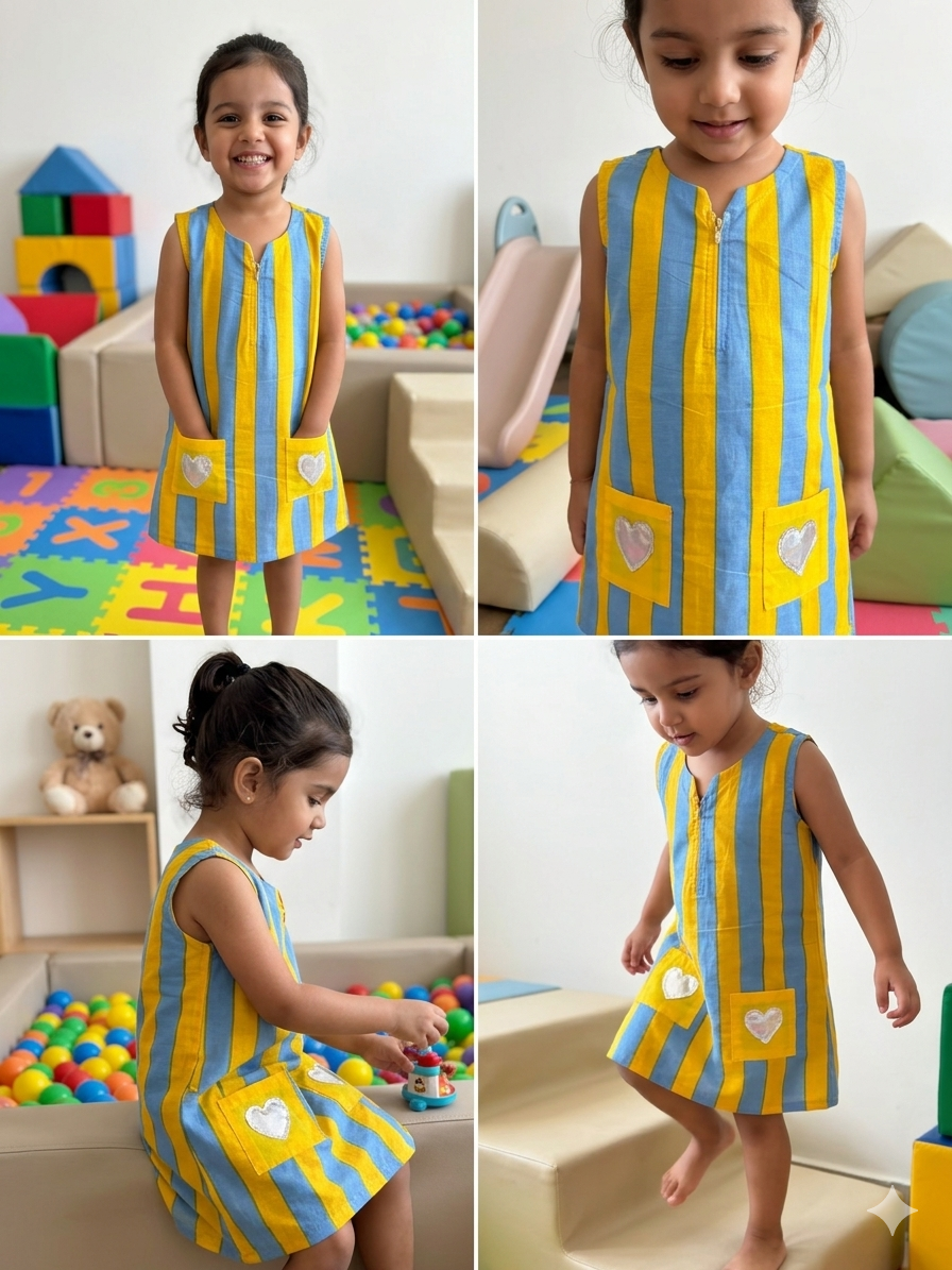 Hearts & Stripes Dress- Yellow/Blue