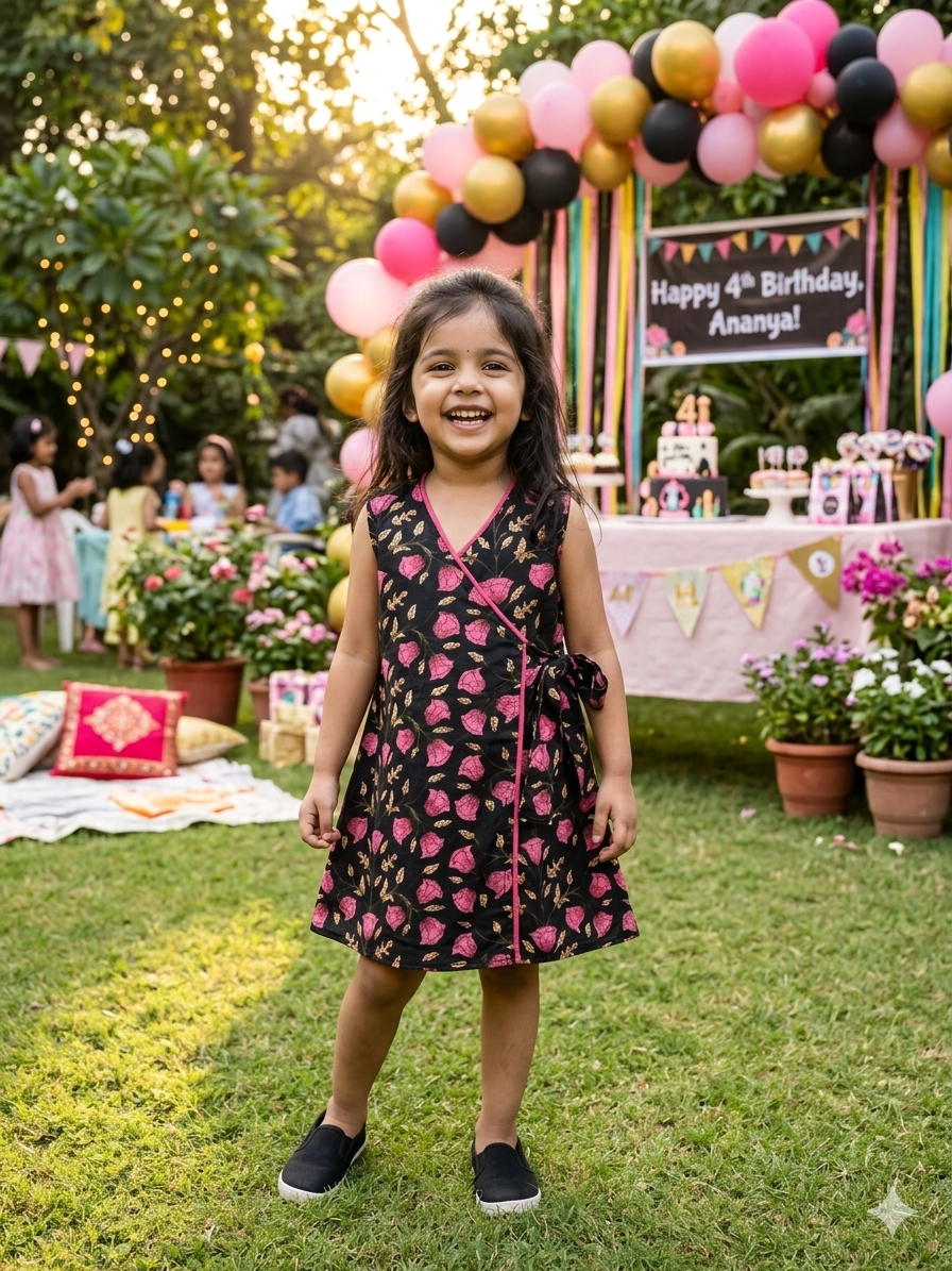 Pink Floral Wrap Dress- Black