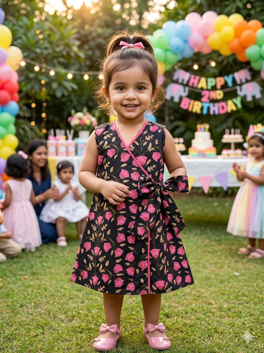 Pink Floral Wrap Dress- Black