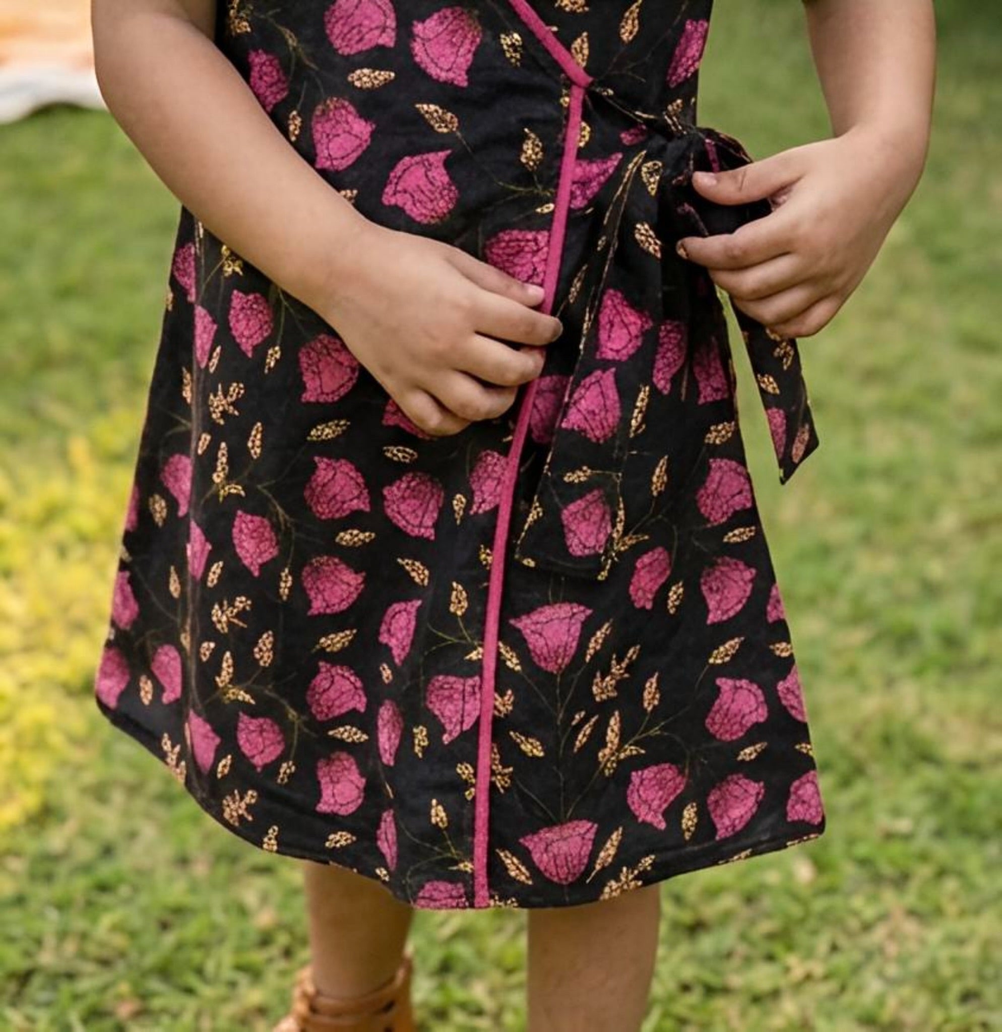 Pink Floral Wrap Dress- Black