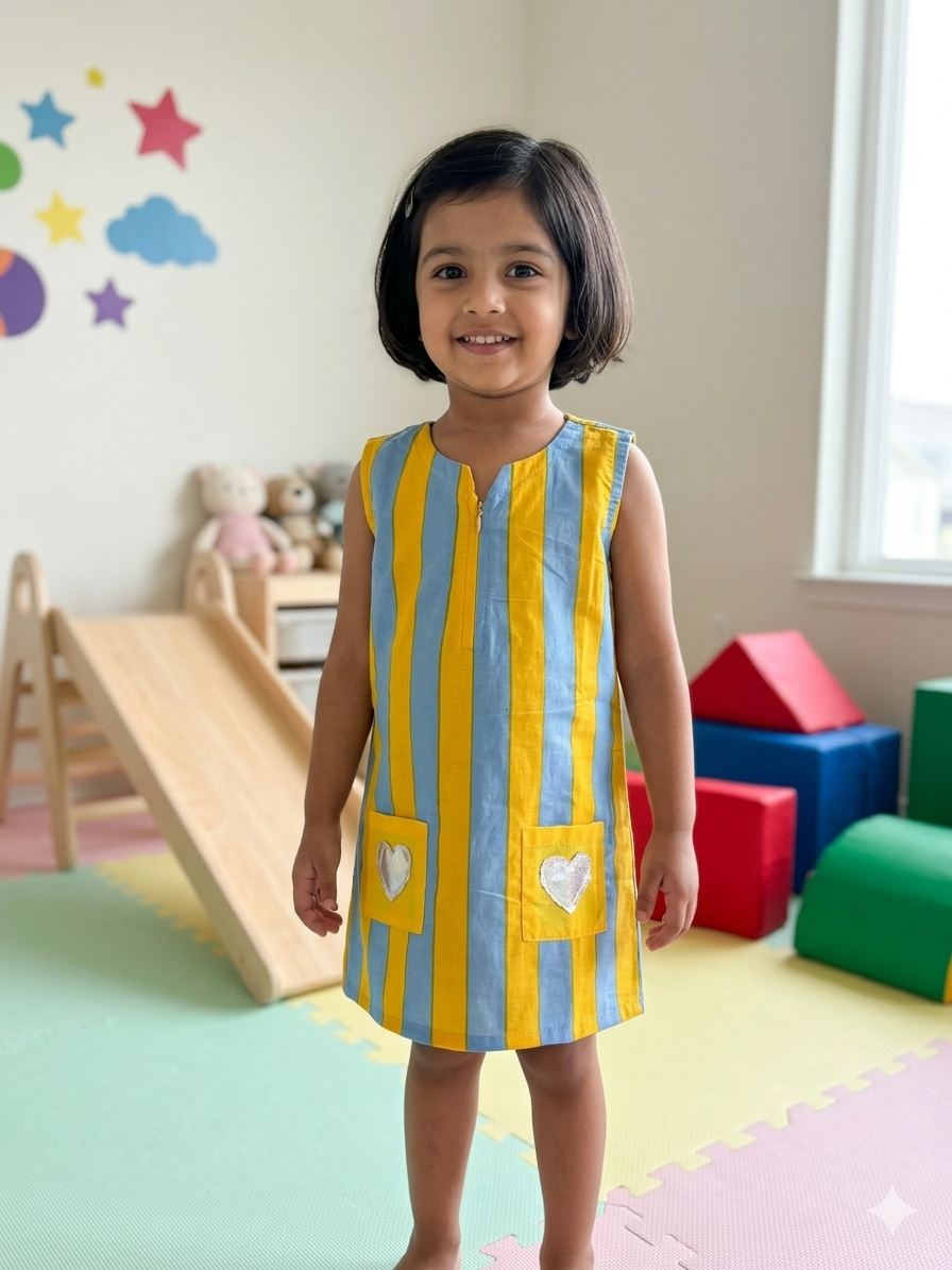 Hearts & Stripes Dress- Yellow/Blue